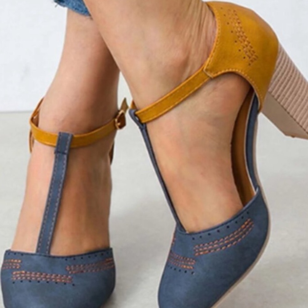 Stylish Blue and Tan Women's T strap Heels